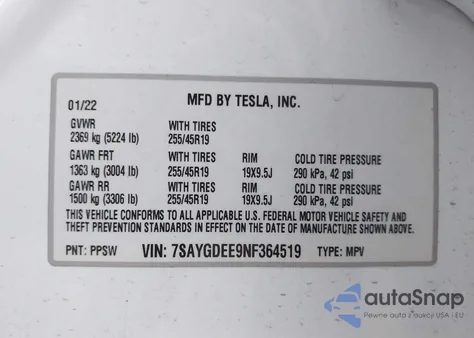 2022 Tesla Model Y Long Range Dual Motor All-Wheel Drive z USA, uszkodzony, nr VIN 7SAYGDEE9NF364519